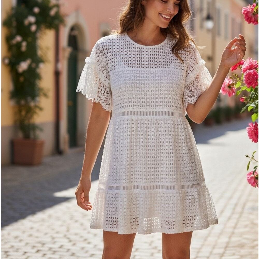 Nha Khanh White Lace Mini Dress SIZE 8 Babydoll Tier Ruffle Party Designer $450